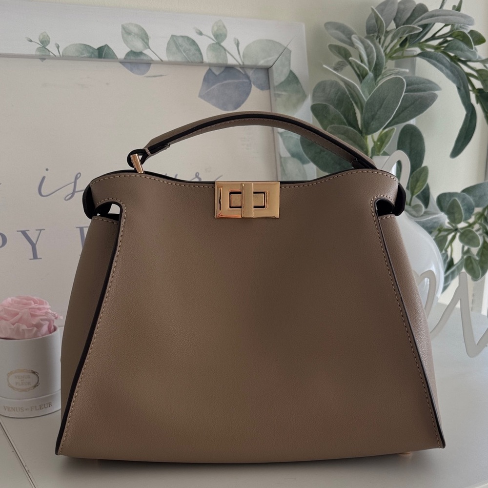 Taupe Leather Satchel Handbag with Gold Hardware